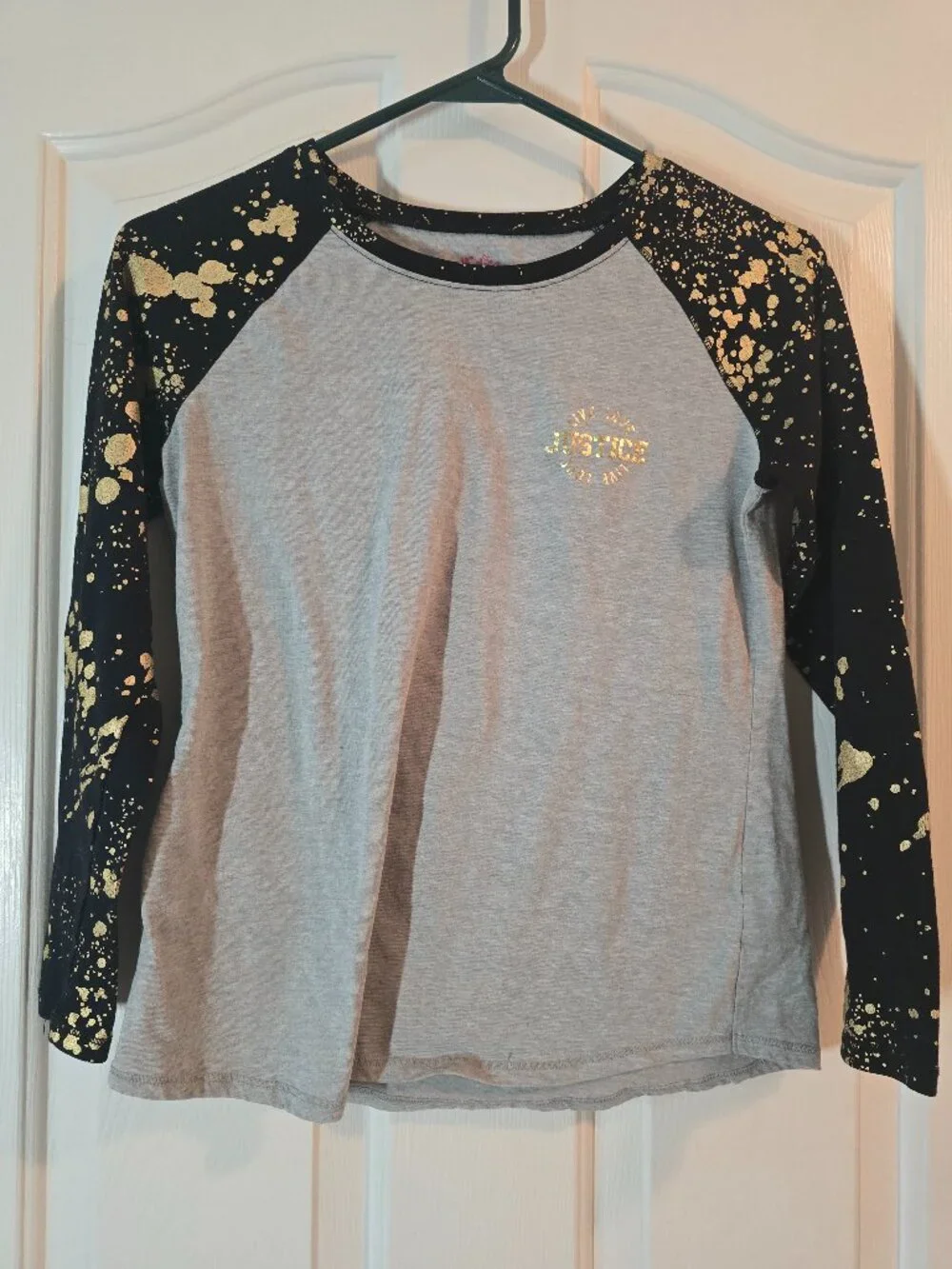 Justice Girls L 12-14 Gray Black Gold Splatter Long Sleeve Top